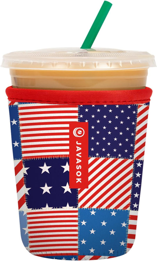 Sok It JavaSok Iced Coffee & Cold Soda Insulated Neoprene Cup Sleeve (Patriotic Patchwork, Small: 16-20oz)