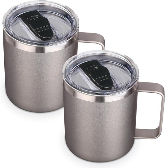 Volhoply 14oz Insulated Stainless Steel Coffee Mug with Lid Bulk 2 Pack,Double Wall Vacuum Travel Coffee Cup with Handle,Reusable Metal Cups Tumbler,Camping Mugs Keep Hot,Ideal Gifts(Gray,2 Set)