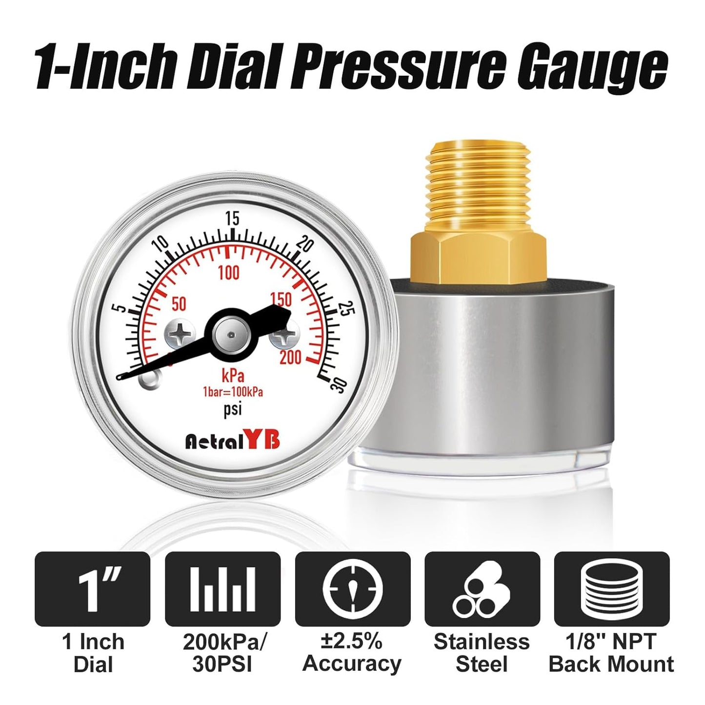 Mini1 Inch Pressure Gauge, 0-30 Psi Air Gauge, Stainless Steel Case, 1/8" NPT Back Mount, Pressure Gauge for Water Air Pressure Test