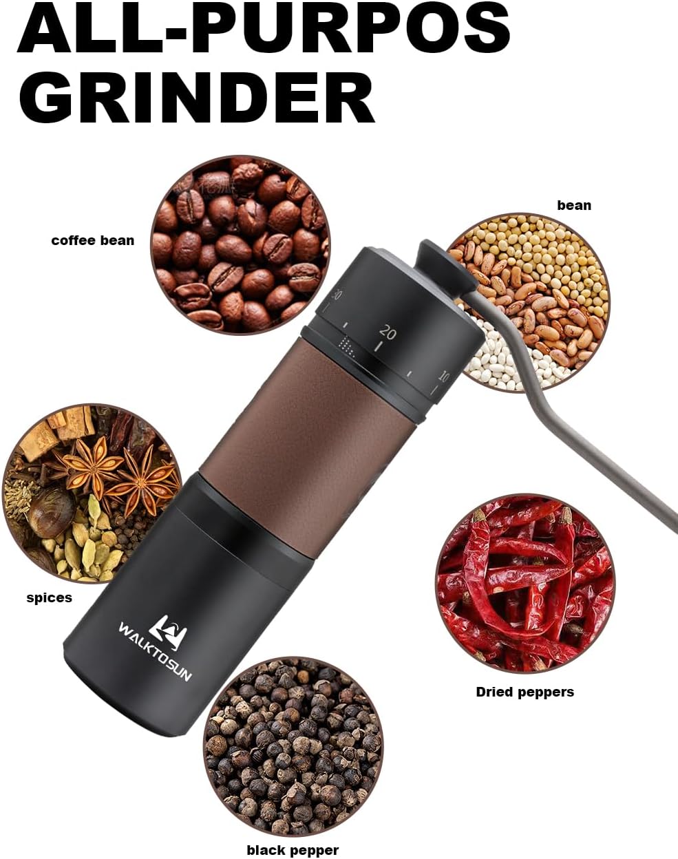 Manual coffee grinder, portable stainless steel cone grinder with solid wood knob, adjustable handle, suitable for home office travel, camping or hiking, black