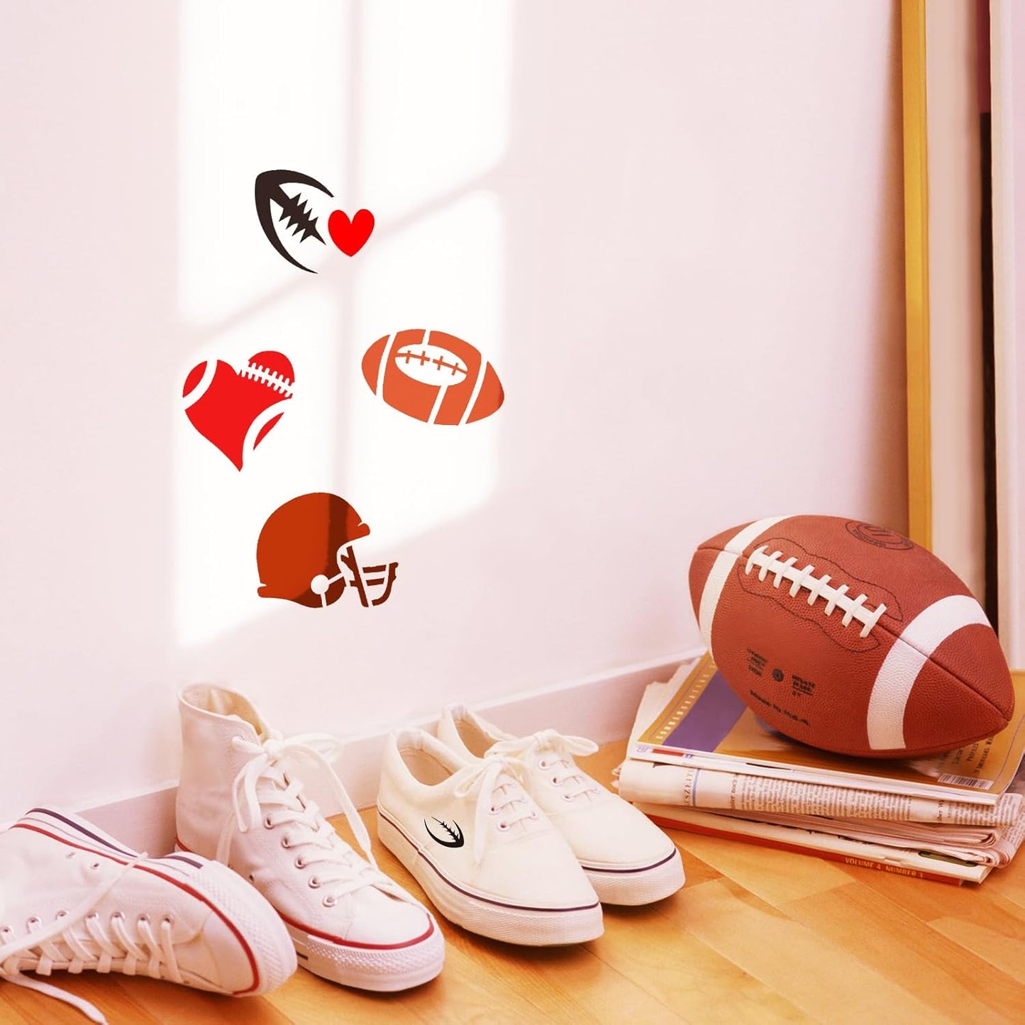 Fainne 100 Pcs Stencils for Painting on Wood Reusable Stencil Crafts Drawing Templates Holiday Wall Paper for DIY Scrapbook Home 2 x 2 Inch (Sport,Ball)