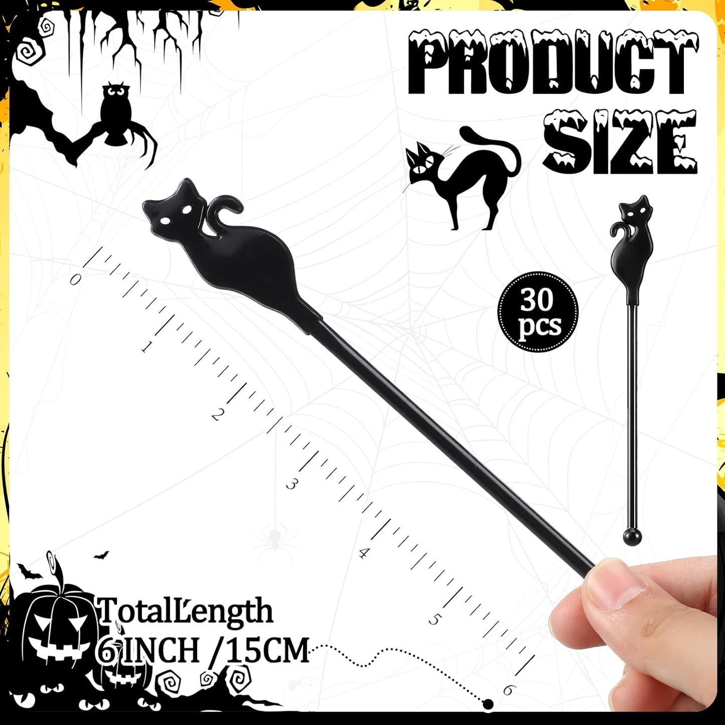 30 Pcs Halloween Swizzle Sticks Plastic Coffee and Cocktail Stirrers Fall Thanksgiving Drink Stirrers Cocktail Mixers for Halloween Fall Autumn Party Tea Coffee Bar Decoration(Black Cat)