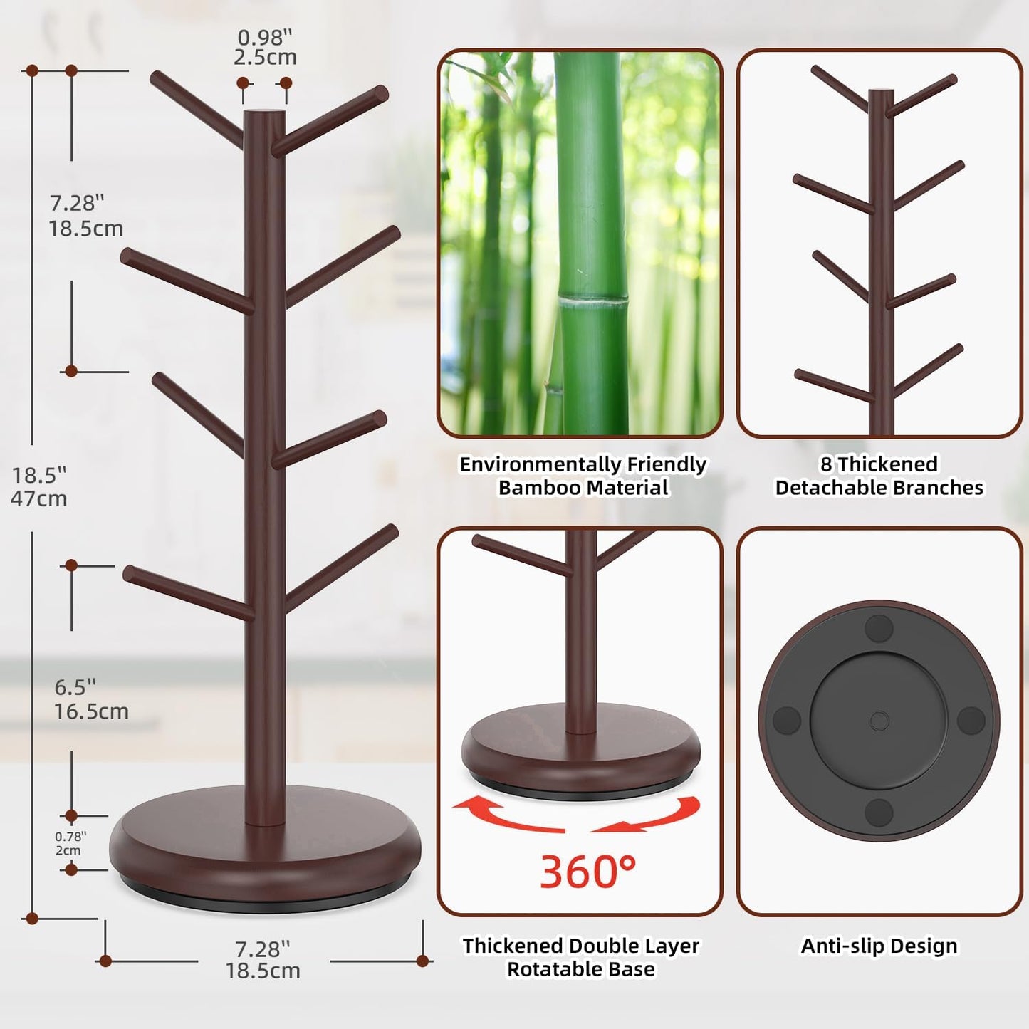 BAMBANG Mug Holder Tree, 360° Rotating 8 Hooks Coffee Cup Holder for Counter, Bamboo Coffee Mug Rack Standing for Kitchen Countertop Home, Espresso