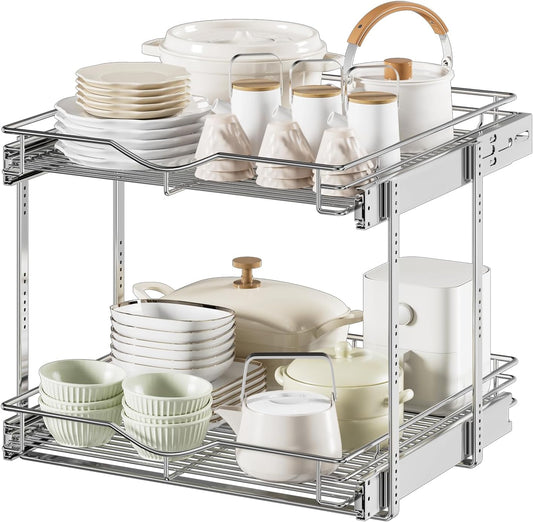 DINDON Pull Out Cabinet Organizer (22-1/2" W x 21-1/2"D), Cabinet Pull Out Shelves, 2 Tier Pull Out Drawers for Kitchen Cabinets, Wire Basket Slide Out Shelf, Pot and Pan Organizer