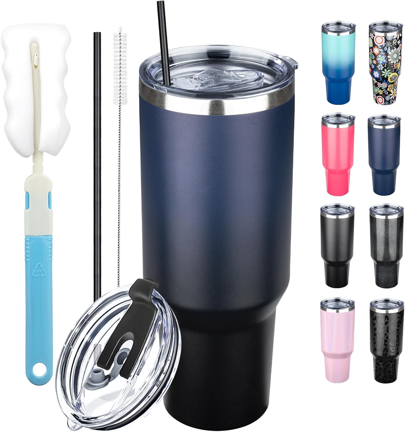 40 oz Tumbler with Lids and Straws, Stainless Steel Insulated Coffee Tumbler, Double Wall Vacuum Insulated Travel Mug Cup, Leakproof Thermal Coffee Cup for Hot and Cold Drinks (Indigo Black)