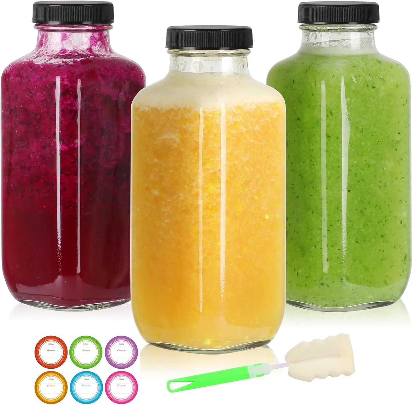 16 oz Glass Juice Bottles with Lids 3 Pack, Reusable Glass Drink Bottles,500ml Water Drinking Bottle for Milk,Juicing,Kombucha,Ginger,Beverage Glassware,Juice Drinking Jars