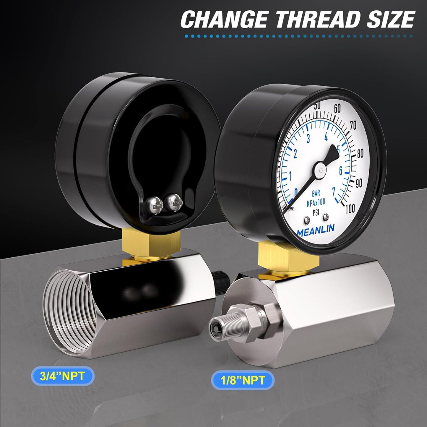 MEANLIN MEASURE 0-100Psi 2" Steel Double Graduated Air Test Pressure gauges, 3/4" FNPT Connection, -3-2-3% Accuracy