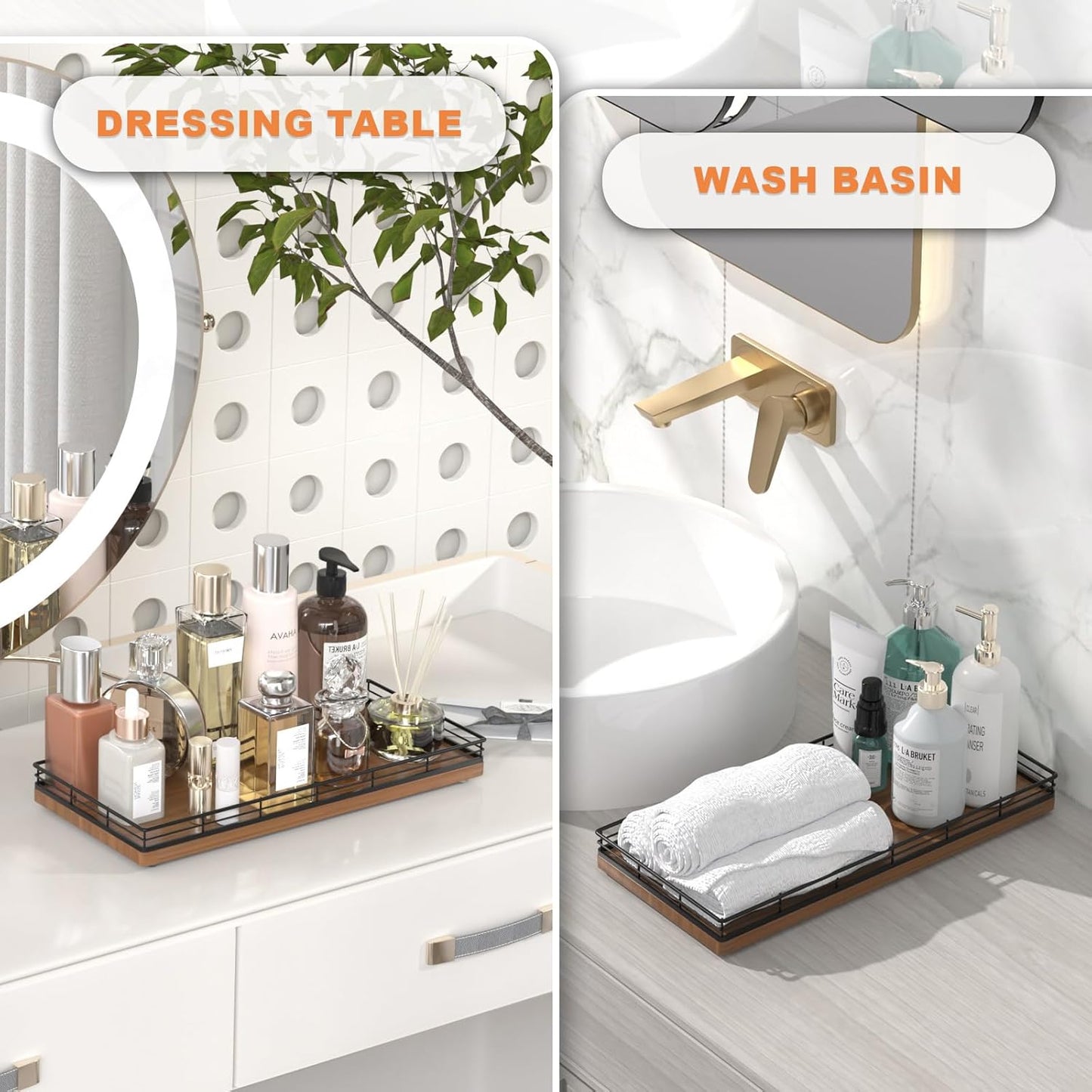 Oak Bathroom Toilet Tank Tray, 13" Wood Back of Toilet Paper Storage Tank Topper Basket, Vanity Tray for Perfume Makeup Candle Toiletry Organizer for Kitchen Coffee Table Walnut Tray Decor