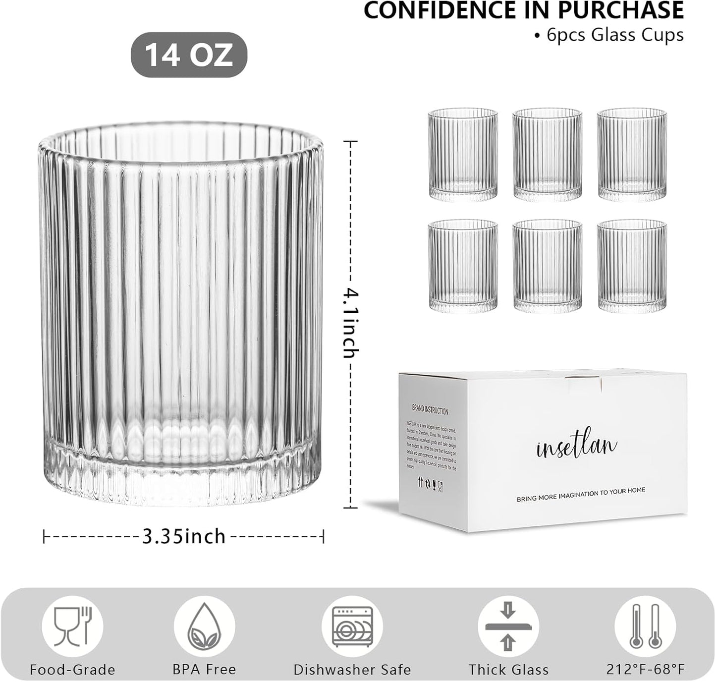 INSETLAN Ribbed Glass Tumblers Set of 6-14 oz Vintage Glassware, Clear Drinking Glasses for Wine, Juice, Cocktails, Water, Iced Coffee, Whiskey - Dishwasher Safe, Durable and Elegant