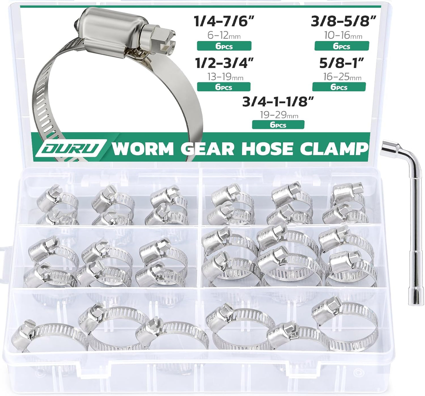 30PCS Hose Clamps Stainless Steel Assortment Adjustable 1/4"-1-1/8"(6-29mm) Worm Gear Hose Clamp, Heavy Duty Metal Small Hose Clamps for Automotive, Pipe, Radiator Plumbing, Fuel Line