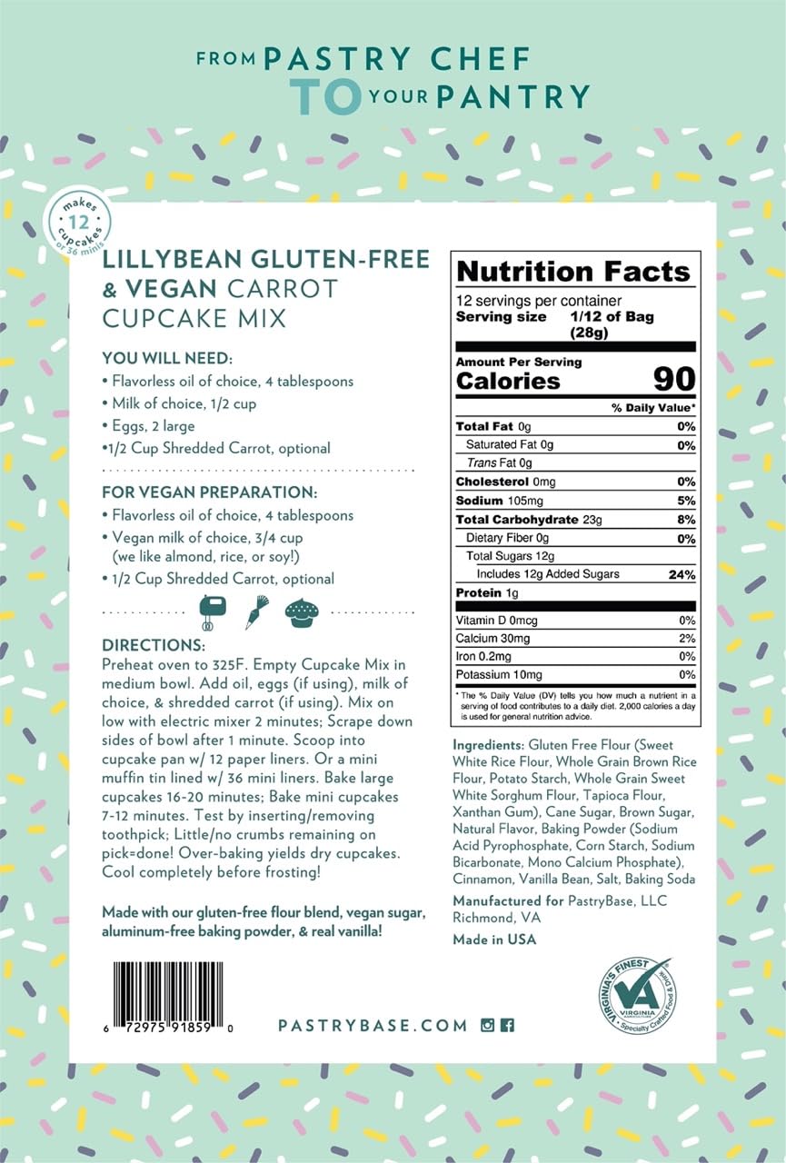 LillyBean Gluten Free Moist Carrot Cake and Cupcake Mix with No Artificial Colors - Dairy and Soy Free, Vegan - Makes Delicious Desserts - Cakes, Donuts, Cake Pops - 12 oz