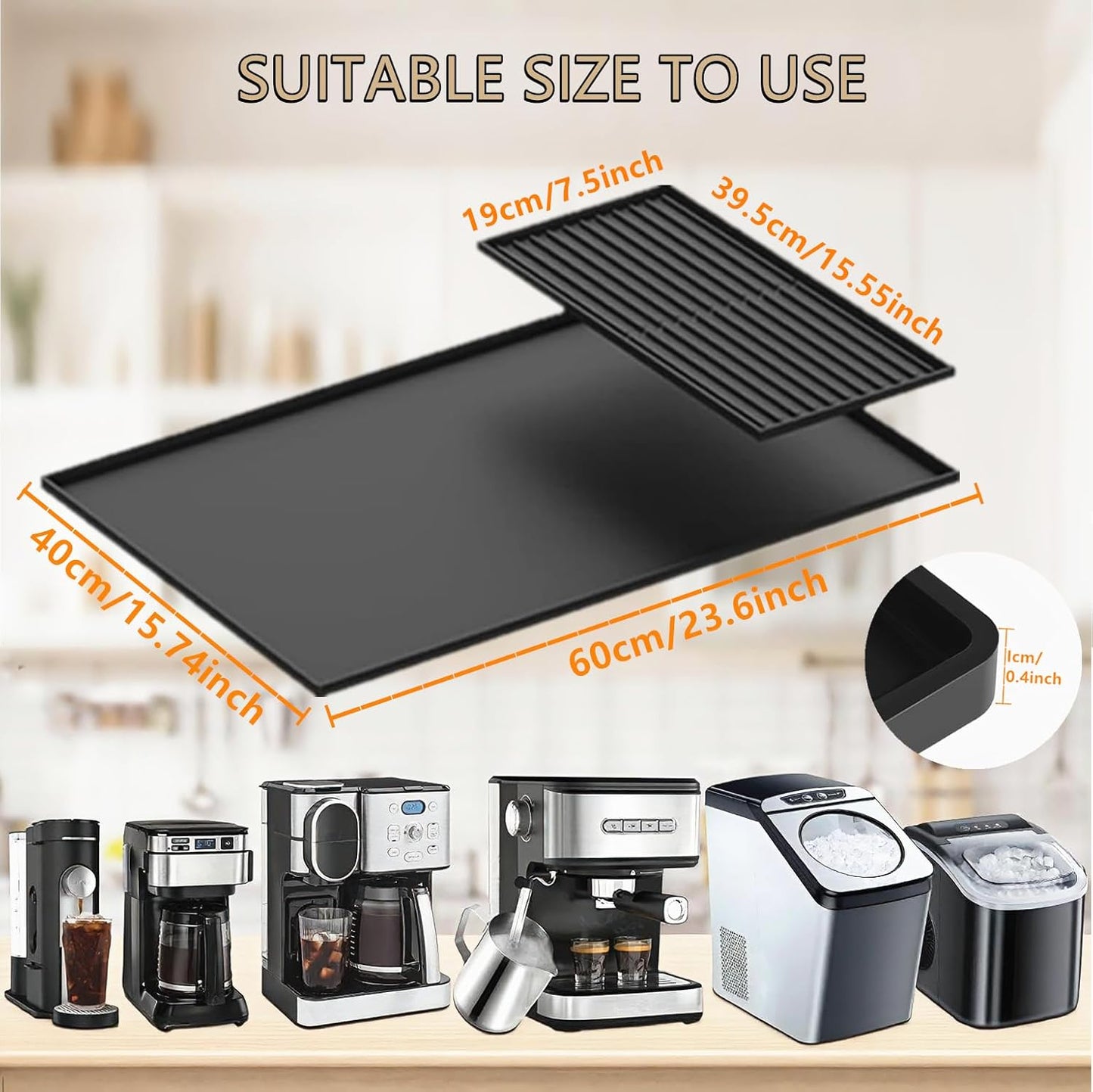 Coffee Bar Mat, Coffee Maker Mat, 24"x16" Silicone Coffee Mat, Spill-Proof, Non-Slip, Heat-Resistant, Fits Under Coffee Maker & Dish Rack (Black, 24"x16")