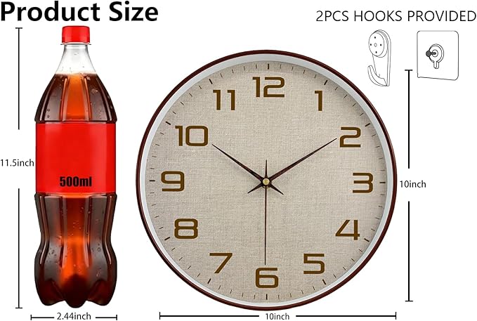Woodgrain Wall Clock, Silent Non-Ticking Battery Operated Clock 10 Inch - Image 3