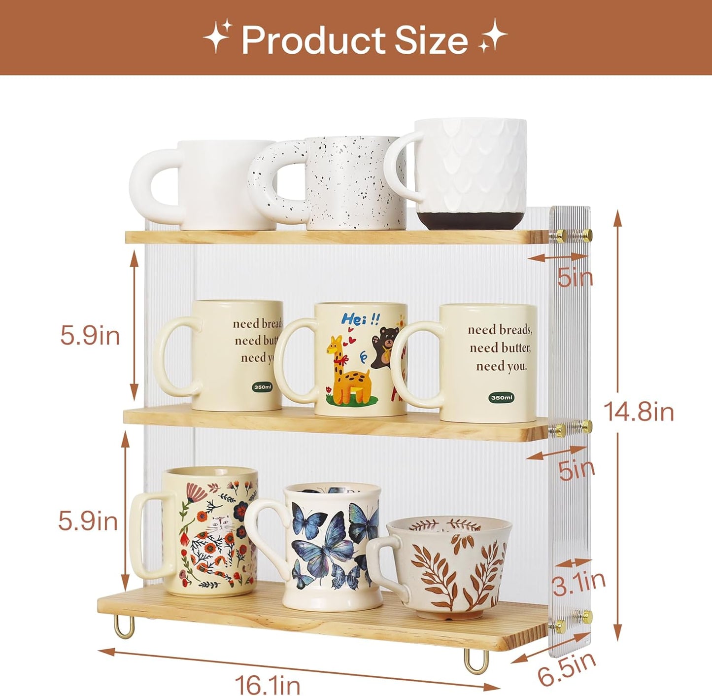 Coffee Mug Holder Wooden Cup Station Organizer 3 Tier Cup Holder for Coffee Bar Mug Display Rack for Countertop Mug Holder Shelf for Home Kitchen Pine Wood