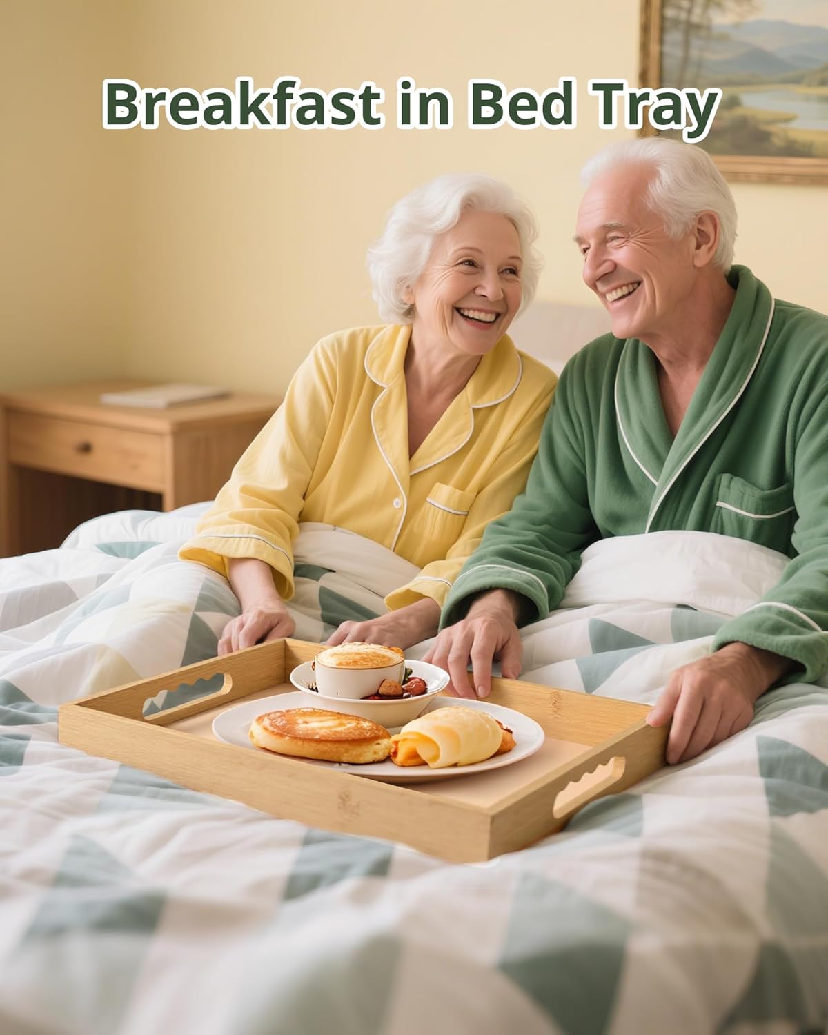 Serving Tray with Handles, LYNG Bamboo Bed Tray with Removable Silicone Mat, TV Tray for Breakfast Laptop Dining Couch Outdoor