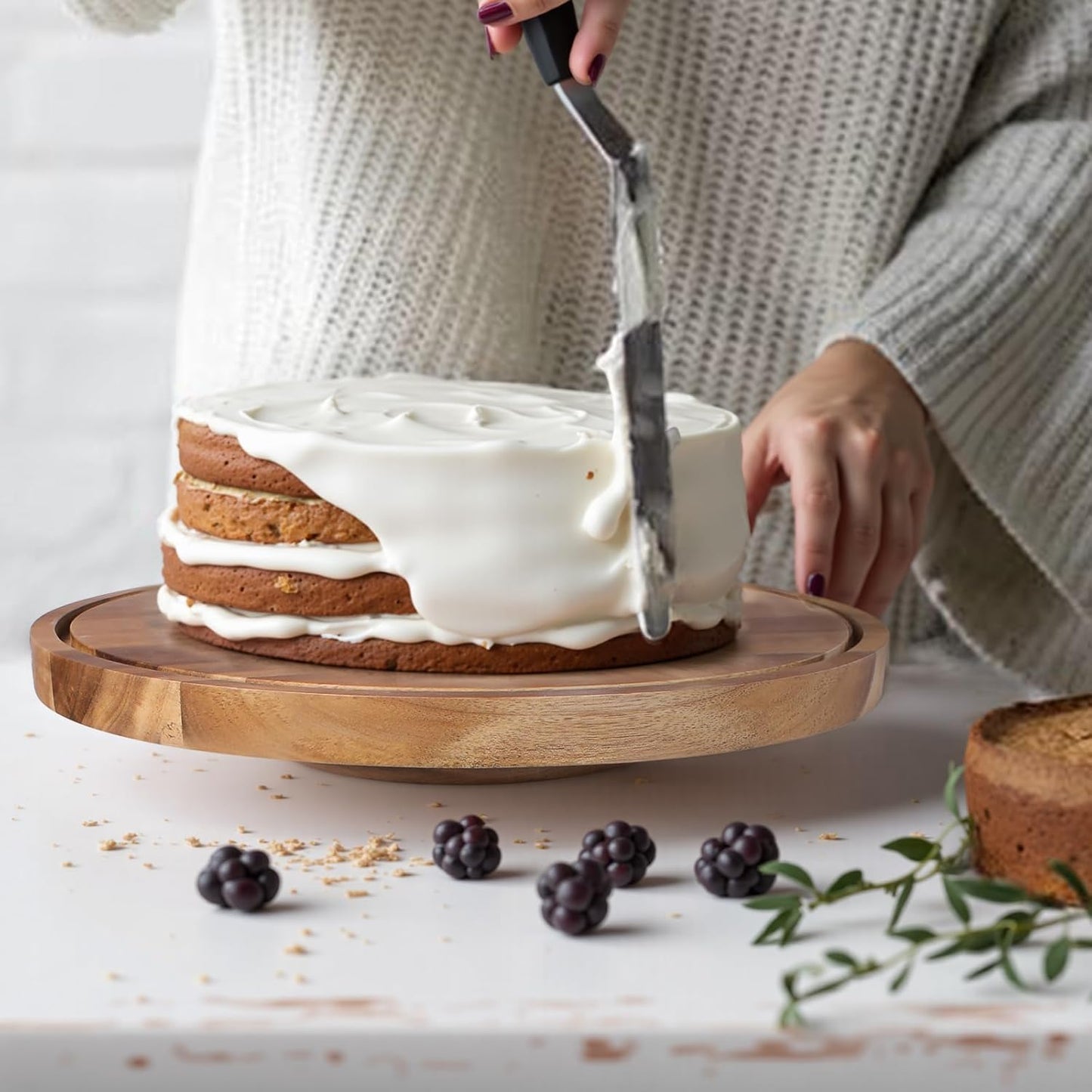 Glass Rotating Cake Stand with Lid - 12" Acacia Wood Cake Plate with Dome, Includes 2 Extra Cake Boards - Cake Holder for Wedding, Birthdays, Kitchen, Party Display, Charcuterie Tray