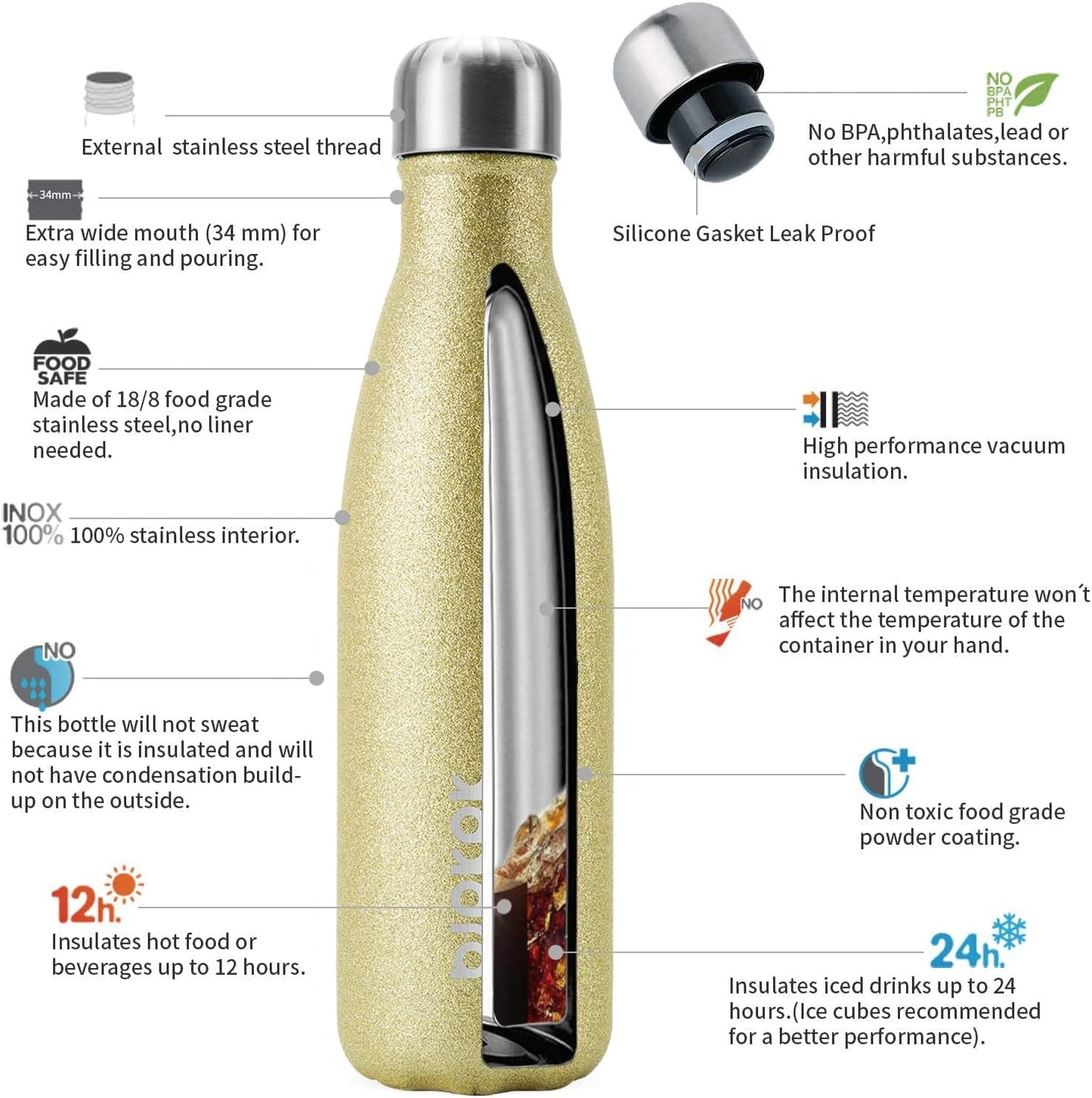 BJPKPK Glitter Yellow Insulated Water Bottle 17 oz Stainless Steel Water Bottles Cola Shape
