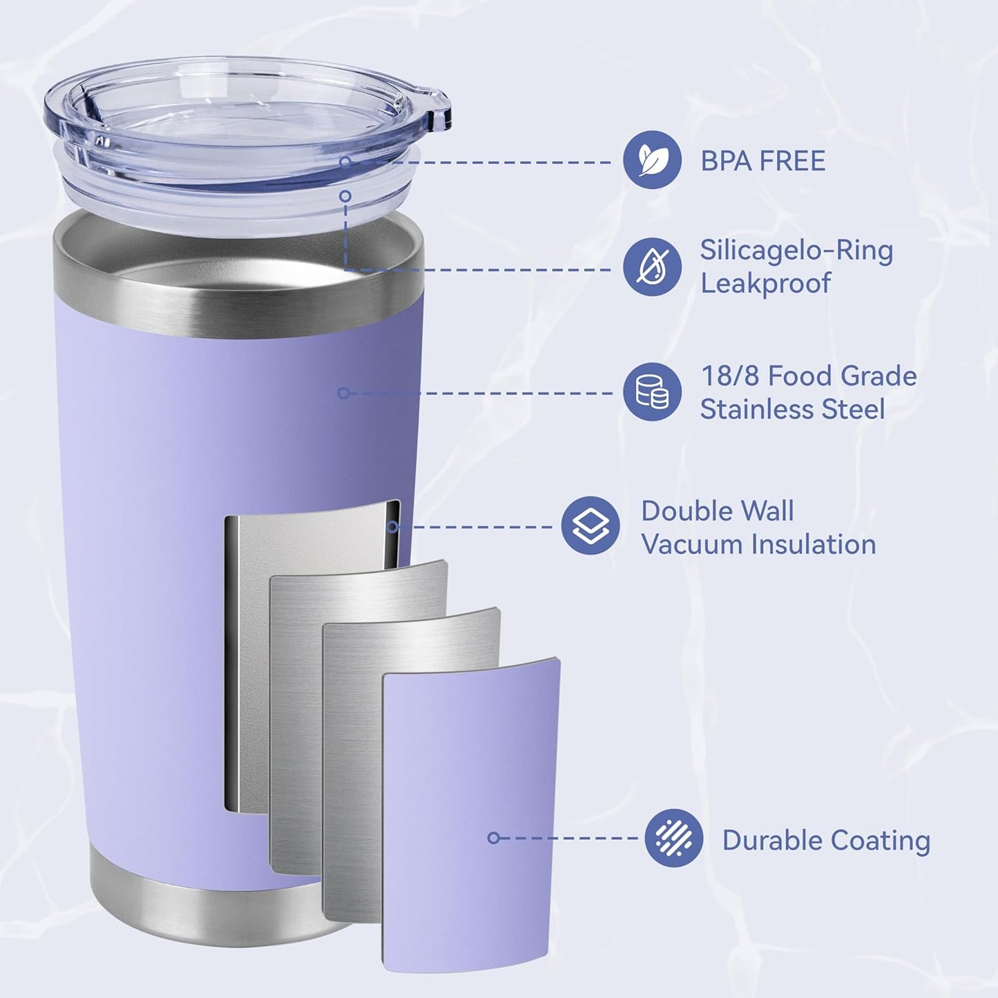 HASLE OUTFITTERS 20oz Stainless Steel Tumblers Bulk, Insulated Travel Cup with Lid, Double Wall Vacuum Coffee Mug for Cold & Hot Drinks 1 Pack, Light Purple