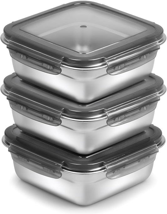 3 Pack Sandwich Containers, 24oz Stainless Steel Sandwich Box with Airtight Lids, Reusable Metal Meal Prep Lunch Boxes, BPA-Free, Dishwasher Safe, Food Storage Containers for Families (Black)