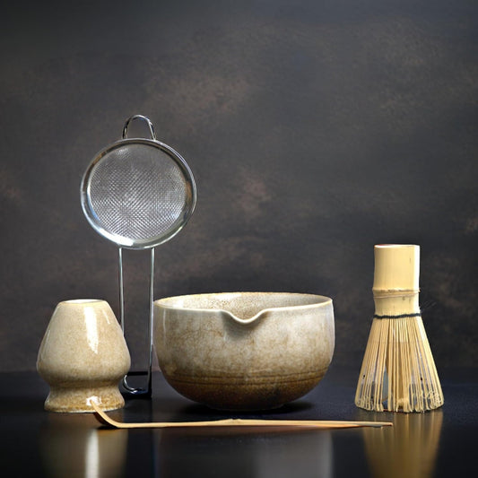 Matcha Whisk Set, Matcha Set, Handcrafted Bamboo Chasen & Ceramic Bowl Matcha Kit, 5 Pcs Matcha Set Whisk and Bowl with Stainless Steel Sifter, Bamboo Scoop & Holder for Matcha Tea Ceremony,Taupe