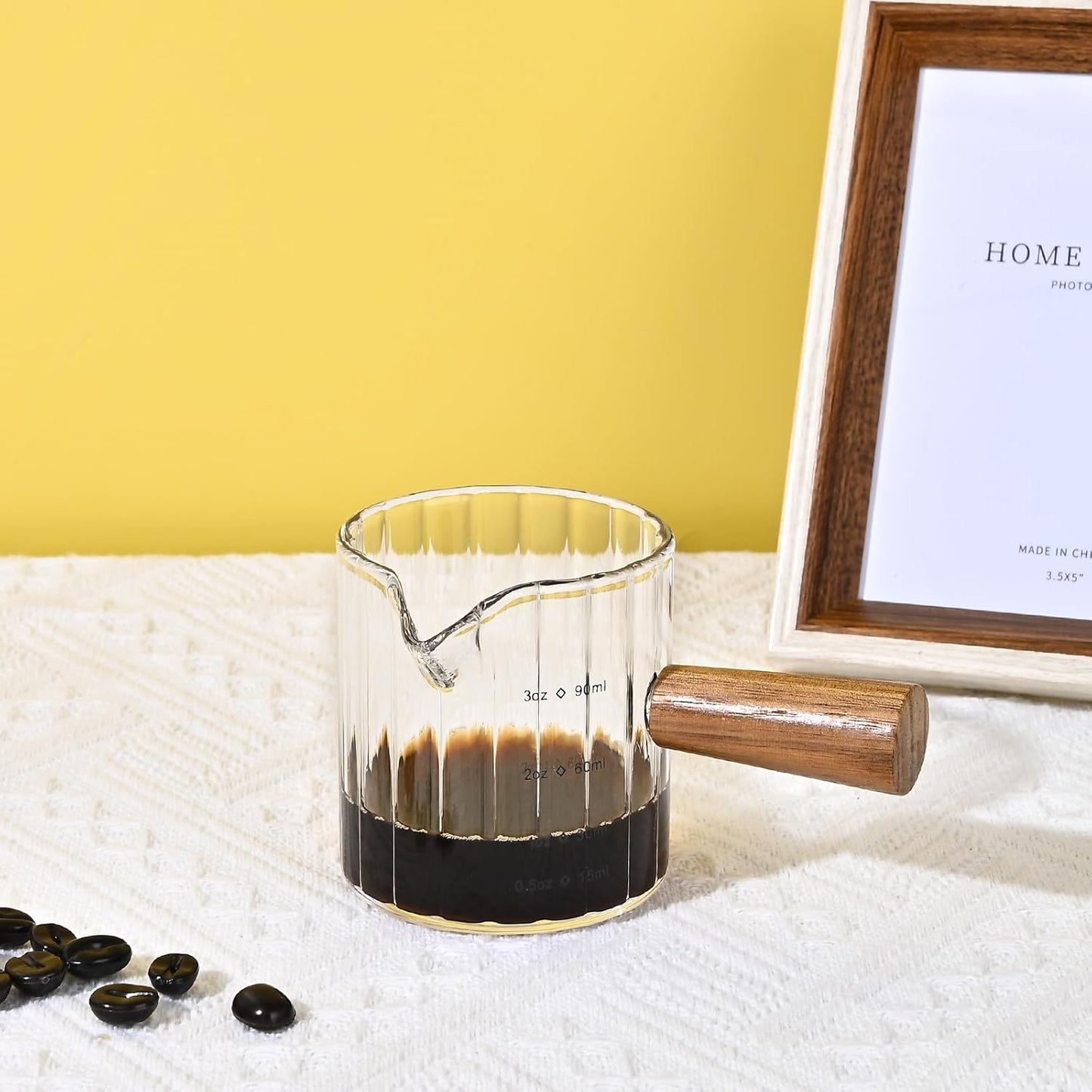 Glass Measuring Cup, 3oz Espresso Shot Glass with Wood Handle, Single Spout Clear Measuring Cups Pitcher Milk Cup Coffee Shot Glasses (Transparent Ribbed)