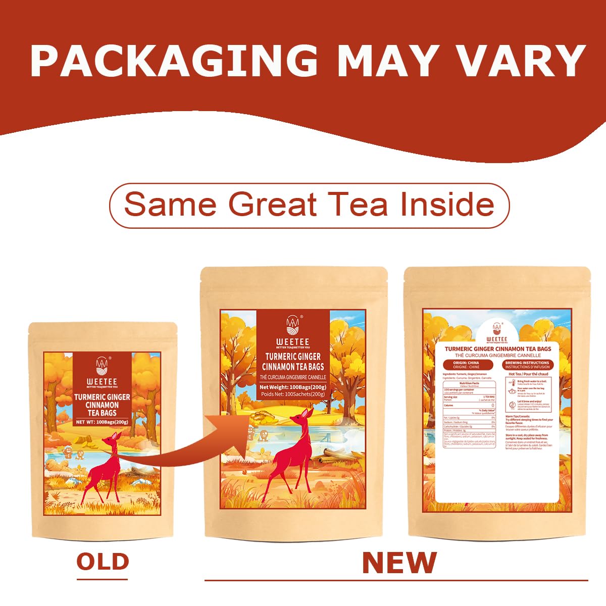 WT WEETEE Turmeric Ginger Cinnamon Tea Bags, Warm & Spicy Turmeric Ginger Herbal Blend Tea, Rich in Antioxidant, Natural Ingredients, Caffeine-free