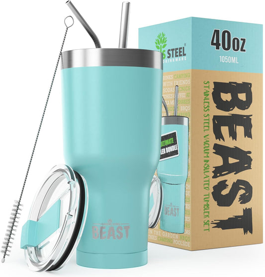 Beast 40 oz Tumbler Stainless Steel Vacuum Insulated Coffee Ice Cup Double Wall Travel Flask (Aquamarine Blue)