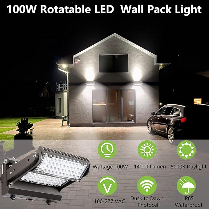 Dusk to Dawn100W Rotatable LED Wall Pack Light, 5000K 14000LM 400-600W HPS/HID - Image 2