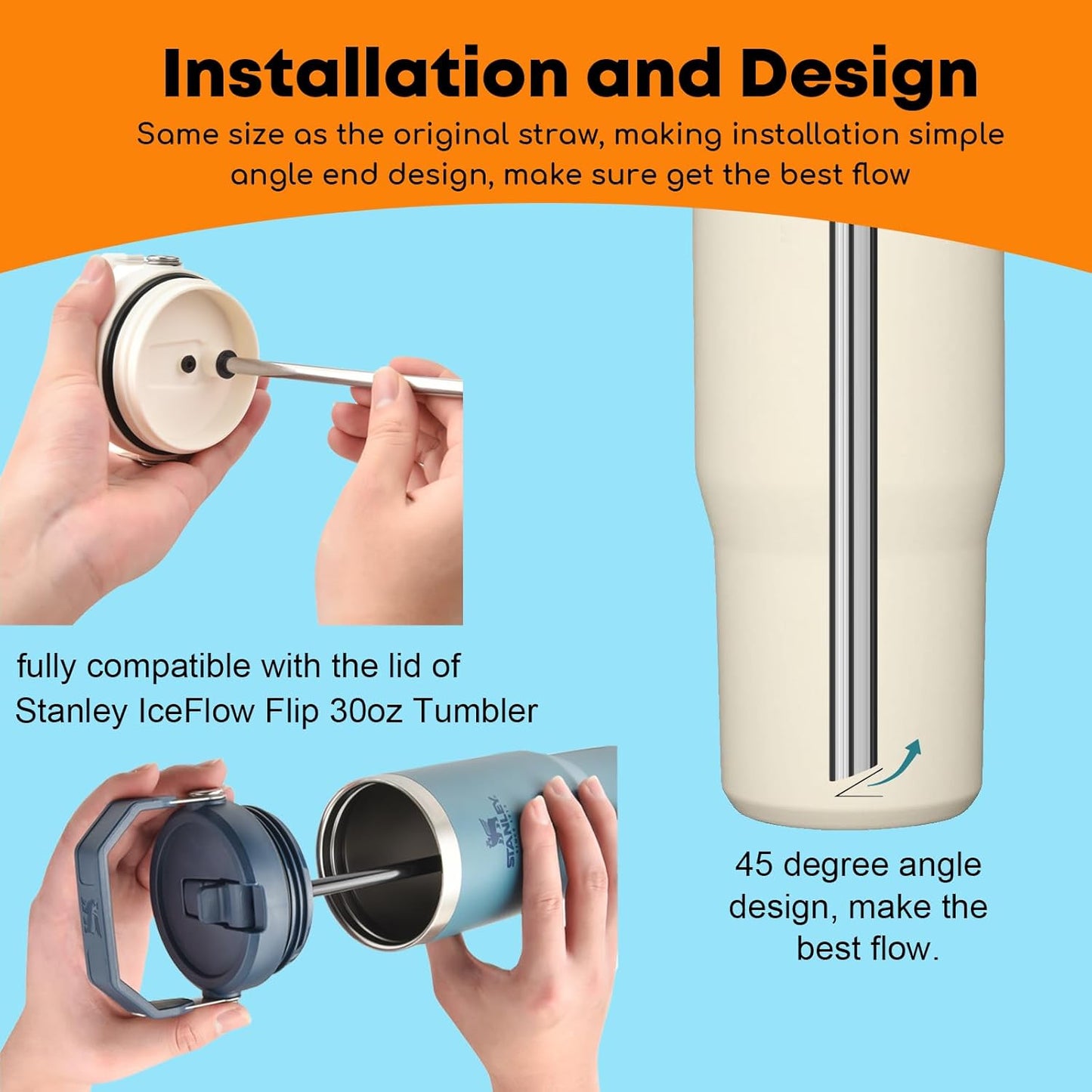 ALINK Stainless Steel Straws Compatible with Stanley Iceflow 20oz Flip Tumbler, 6 Pack Reusable Metal Straws for Stanley Ice Flow 20oz Cup Lid Only, Plus Straw Cleaner Brush