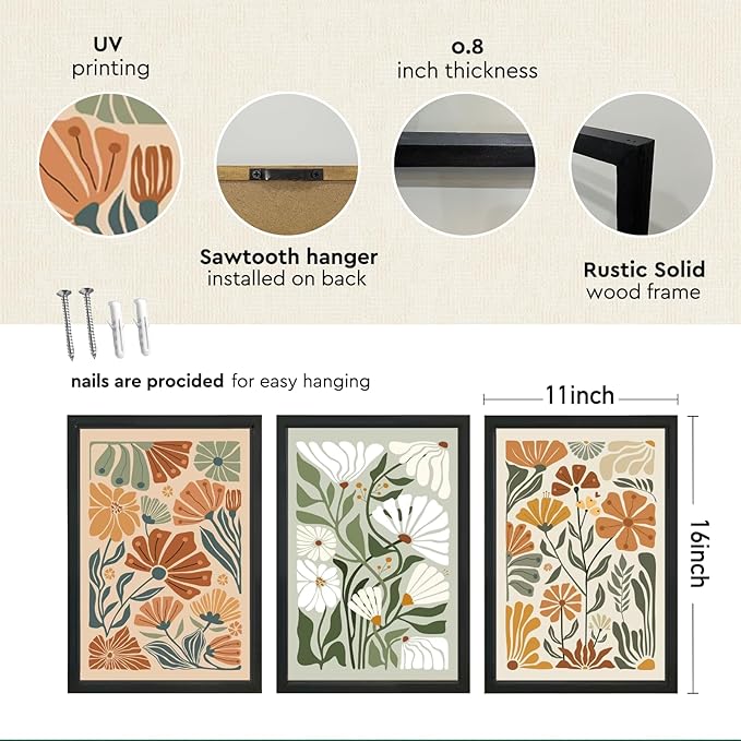 YWJKWLGS Mid Century Boho Wildflower Wall Art Set of 3, 11x16 Inch Black Framed - Image 2