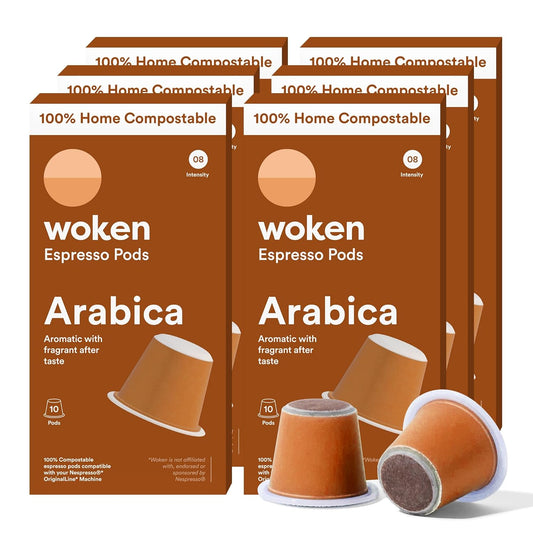 WOKEN COFFEE Compostable Nespresso Pods - Arabica Medium Roast Italian Espresso Coffee Capsules Compatible With Nespresso Coffee Machine (60 Pod Count, 6 Boxes)