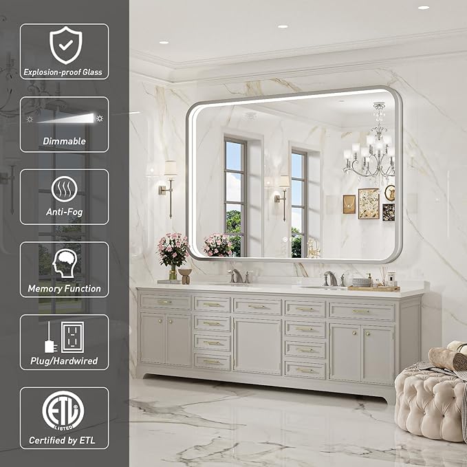LED Bathroom Mirror with Lights, 48x36 Inch Brushed Silver Framed Lighted - Image 2