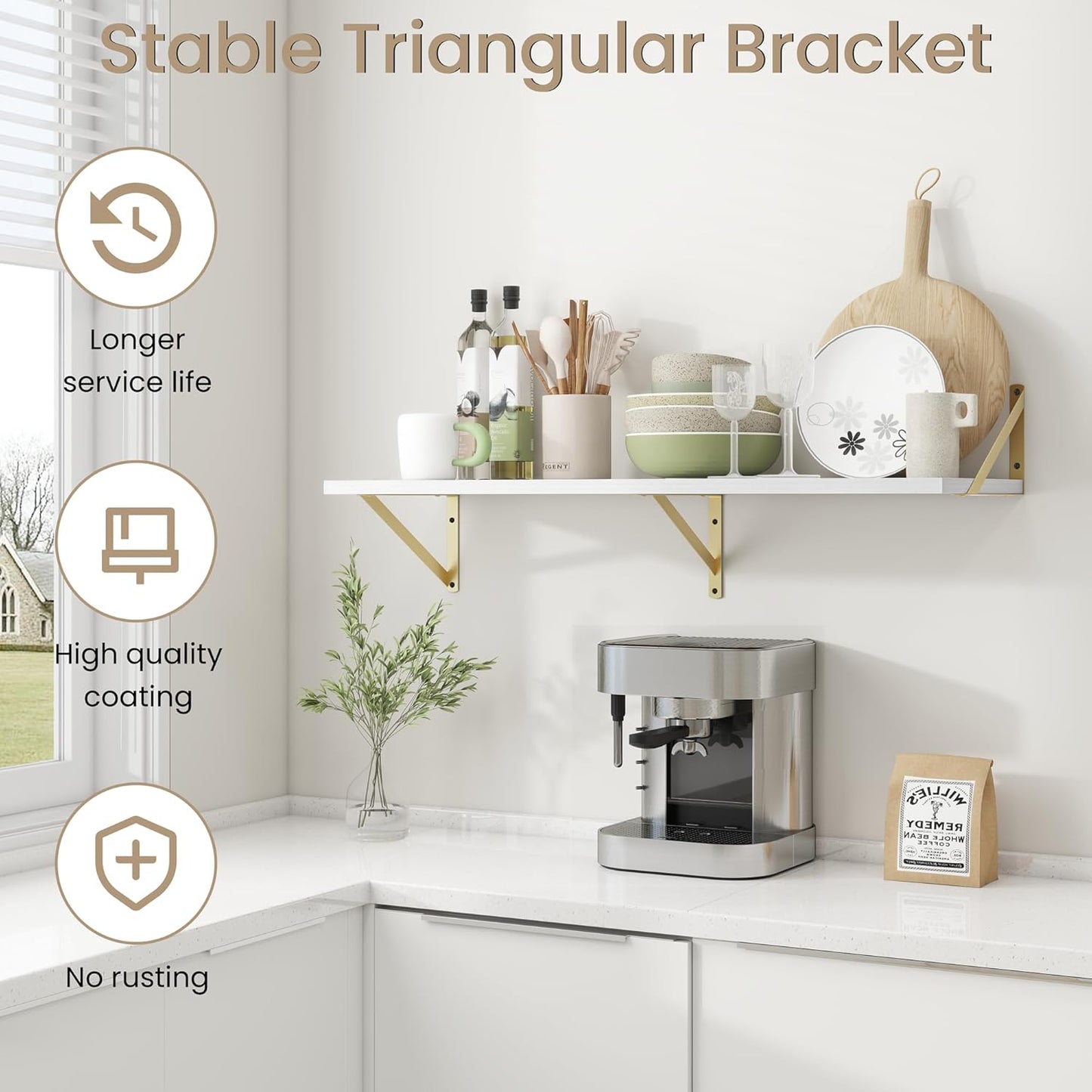 Dreamland White and Gold Shelves,36 inch Shelf, Large Floating Shelf 12 inch Deep Set of 2 for Bookshelf Living Room Bedroom Home Office Bathroom