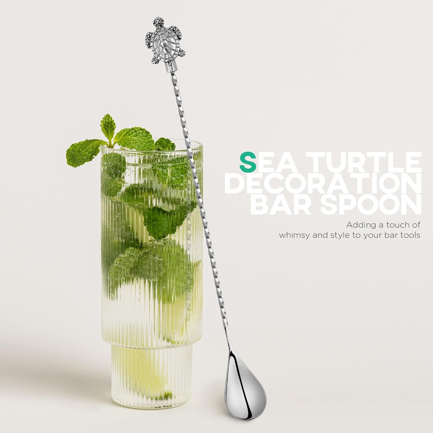Homestia Bar Spoon, 12'' Stainless Steel Cocktail Mixing Spoon, Cocktail Mixing Stirrers for Drink, Tea, Coffee, Milkshakes, Long Handle Spiral Design with Weighted Turtle Fish End (Set of 2)