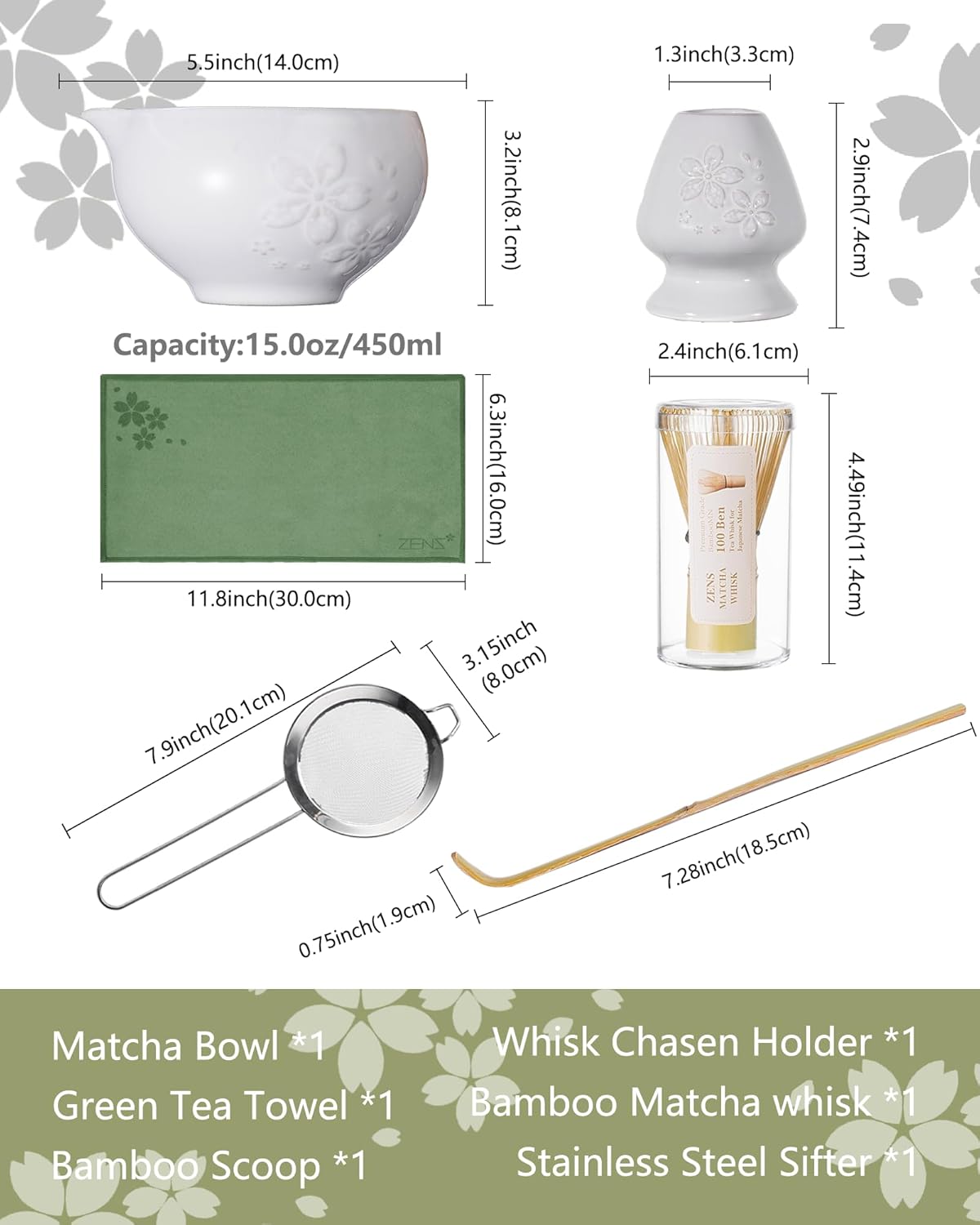 ZENS Matcha Whisk Set, Ceramic Matcha Set Includes 15oz Sakura Bowl, Bamboo Whisk & Chasen Holder, Scoop & Sifter-Tea Towel, 6pcs Matcha Kit for Matcha Lovers, White