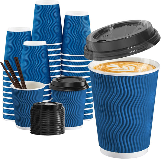 90 Pack 12 oz Disposable Coffee Cups with Lids and Straws, Insulated Ripple Wall To Go Paper Coffee Cups for Coffee, Hot Chocolate and Hot Tea Drinks - Navy