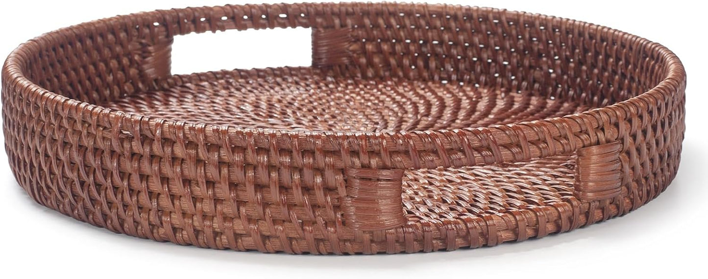 11.8 inch Round Rattan Tray, Decorative Coffee Table Tray, Ottoman Trays, Woven Serving Trays with Handles Wicker Serving Basket, Reddish-Brown