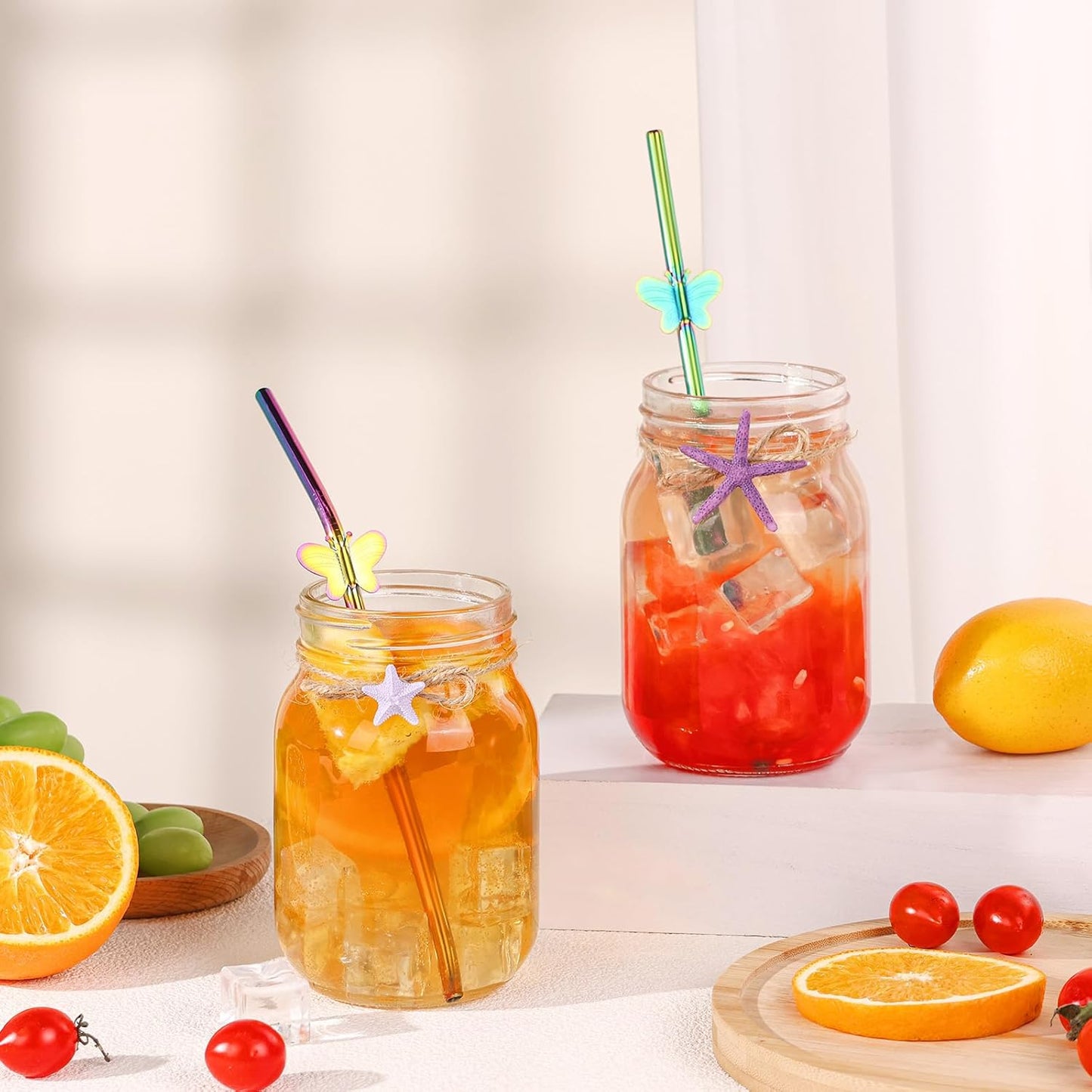 8 Pack 8" Reusable Stainless Steel Metal Straws Colorful, 4 Straight + 4 Bent Metal Drinking Straws for Tumblers Beverage Drink with Butterfly Charms and 1 Cleaning Brush