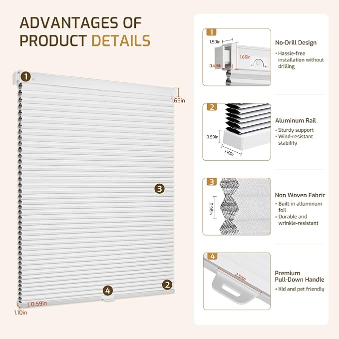 Grandekor No Drill Cordless Cellular Shades, Honeycomb Blinds - Image 9
