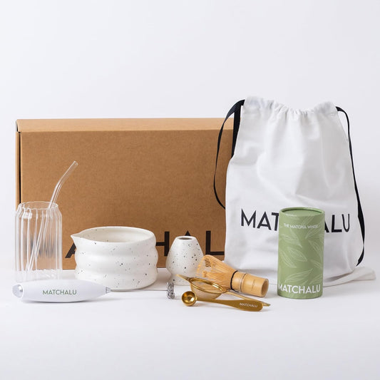Premium 9 Piece Matcha Set Includes Ceramic Matcha Bowl, Bamboo Whisk & Holder, Stainless Steel Spoon & Sifter, Glass Cup & Straw, Electric Frother, Storage Bag - Gift for Matcha Lovers (White)