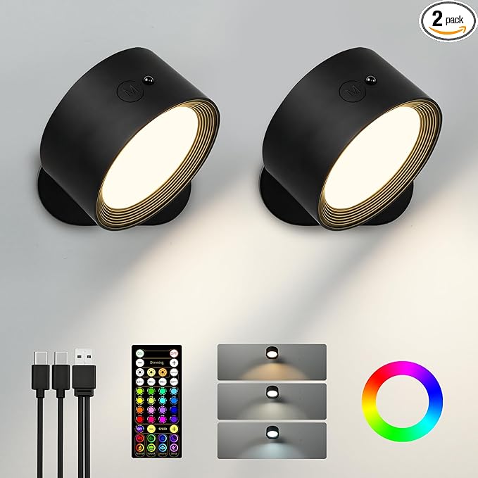 Wall Mounted Lights, 2 Pack Rechargeable RGB Color Changing Light, 3 Color by AMETHEUS