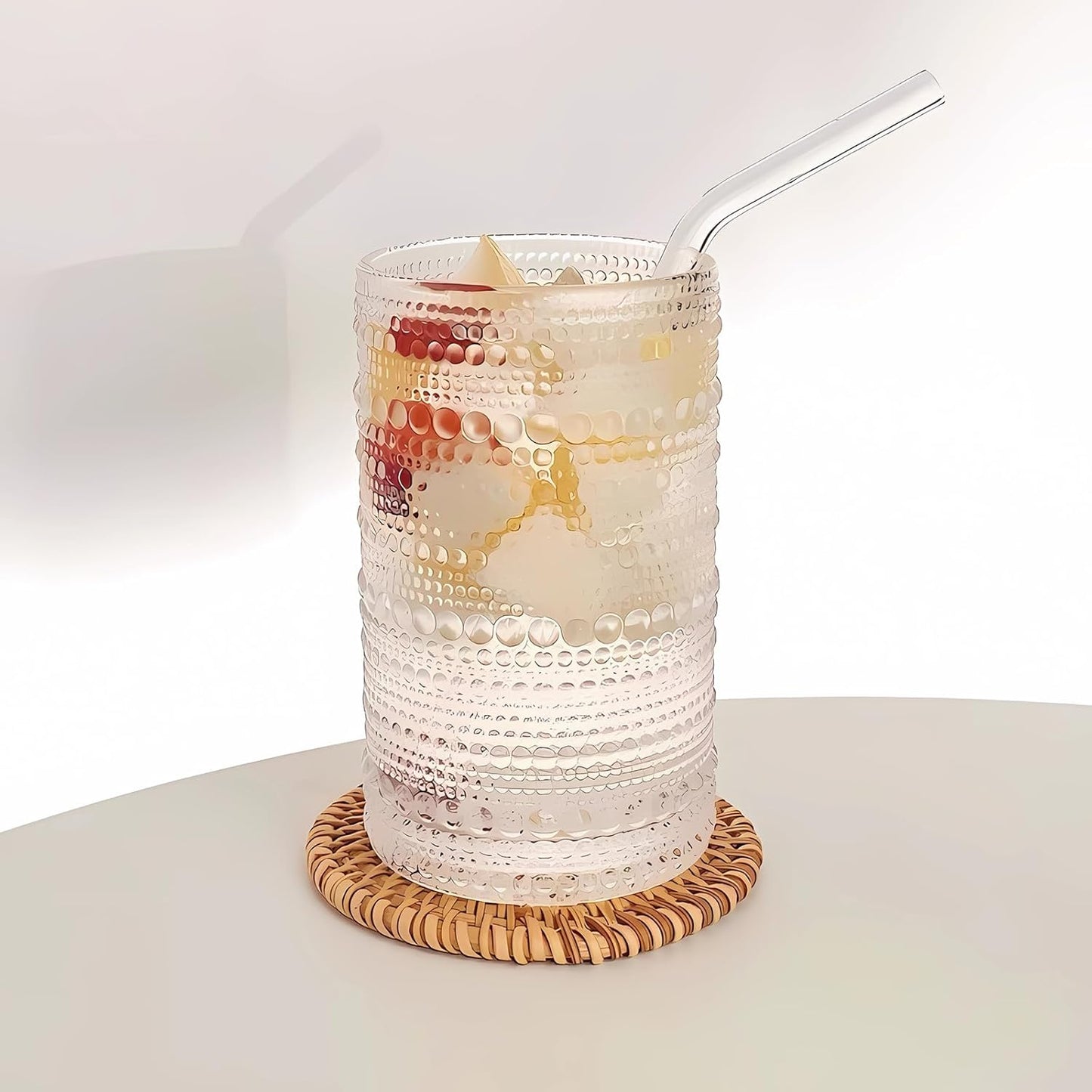 2 Pcs Iced Coffee Glasses Cups with Bamboo Lids and Straws,12 oz Thick Emboss Beaded Drinking Glass Cup Set,Latte Glasses,Ideal for Water,Soda,Gift - with Cleaning Brushe