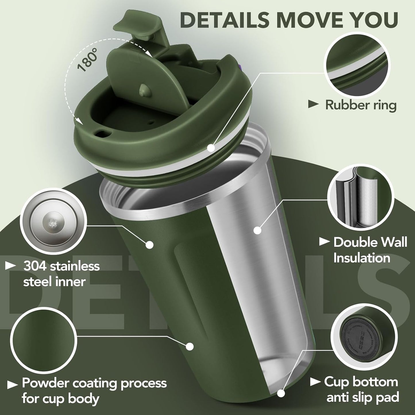 Volhoply 12 oz Double Wall Insulated Vacuum Travel Coffee Mugs with Flip Lid Bulk 2 Pack,Reusable Stainless Steel Leak Proof Coffee Cup,Portable Thermal Tumbler for Cold & Hot Drinks(Army Green,2 Set)