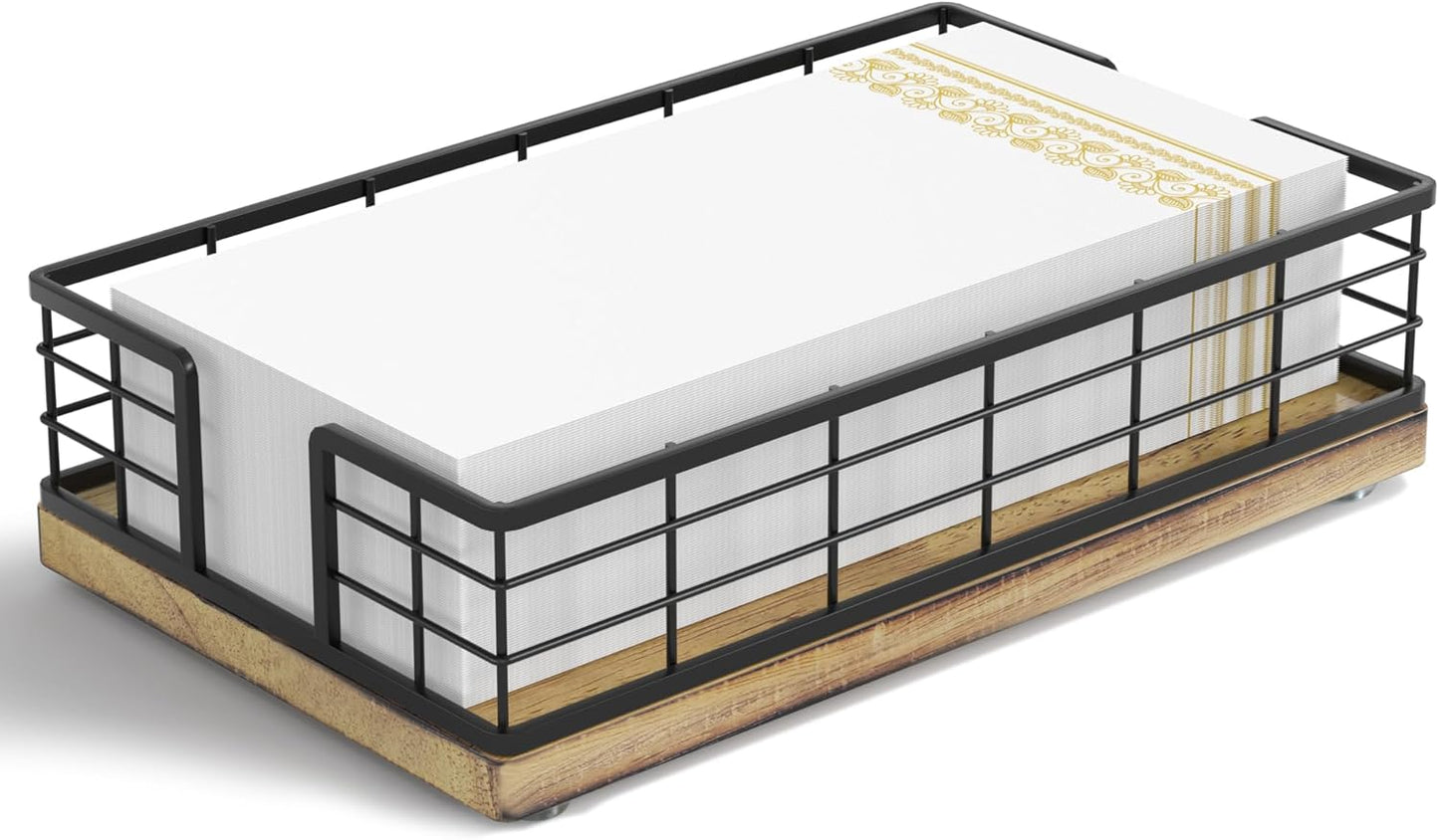 Wican Guest Towel Holder Tray for Bathroom, Oak and Iron Napkins Holder for Powder Room Dinning Table Wooden Basket for Disposable Paper Hand Towels Black and Farmhouse Brown