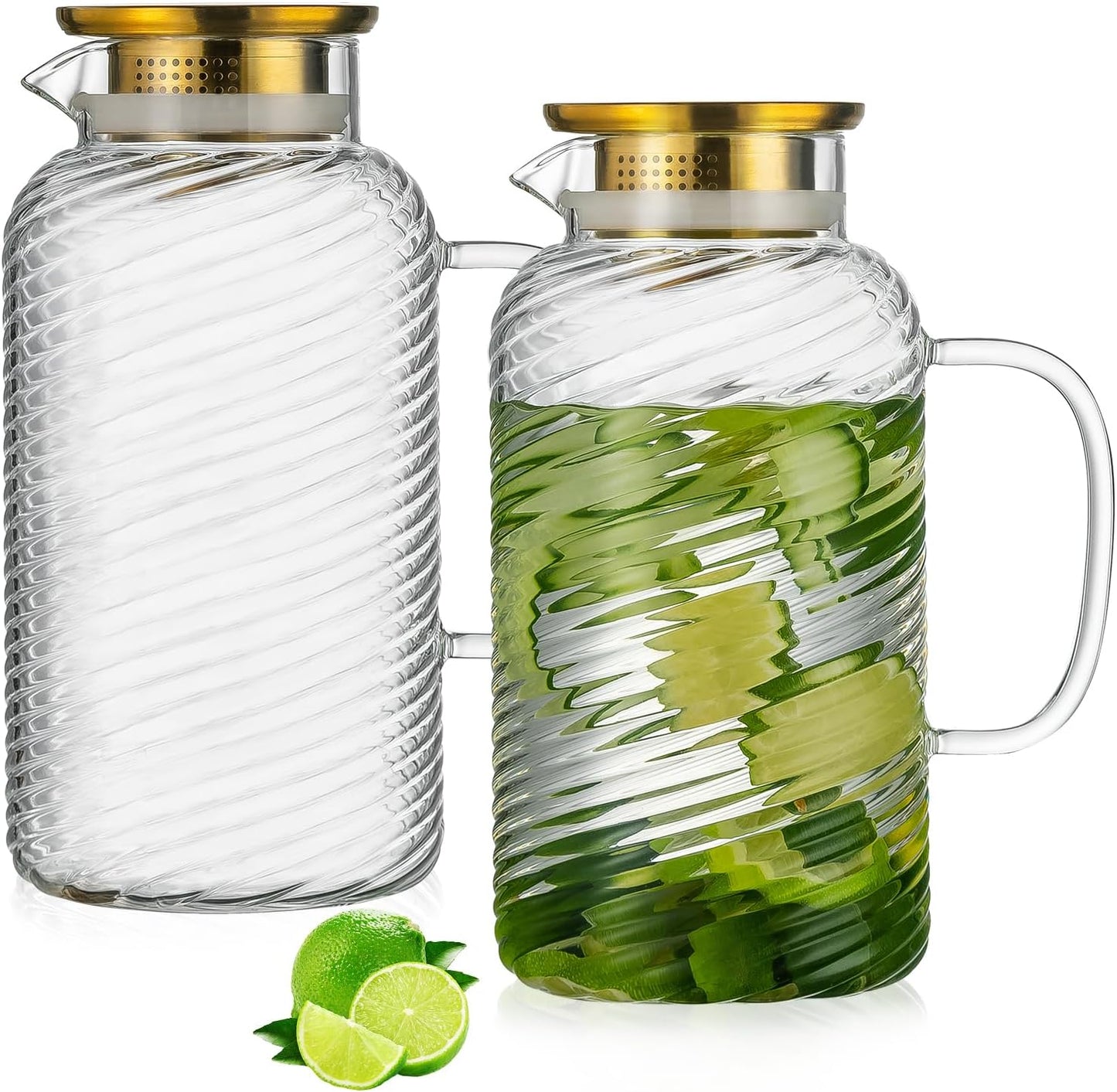 2 PACK Glass Pitcher with Lid, 68 oz/ 2 Liter Spiral Pattern Water Pitcher,Glass Water Carafe for Cold Brew, Coffee, Lemonade, Iced Sun Tea,Beverage, Milk, Heat Resistant