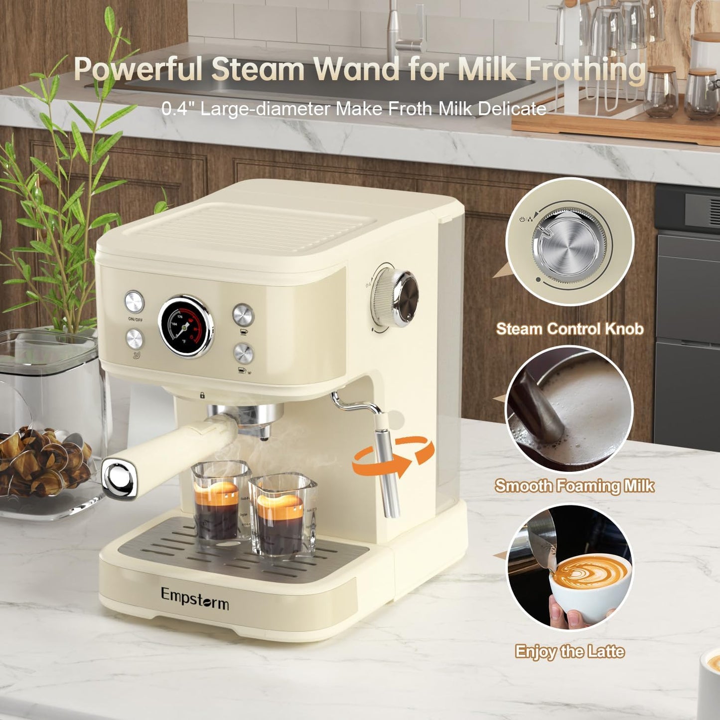 White Espresso Machine with Milk Frother, Cappuccino Machines for Home, Coffee Espresso Machine Suitable for Coffee Powder/NS Original Capsules, Espresso Maker with Thermometer