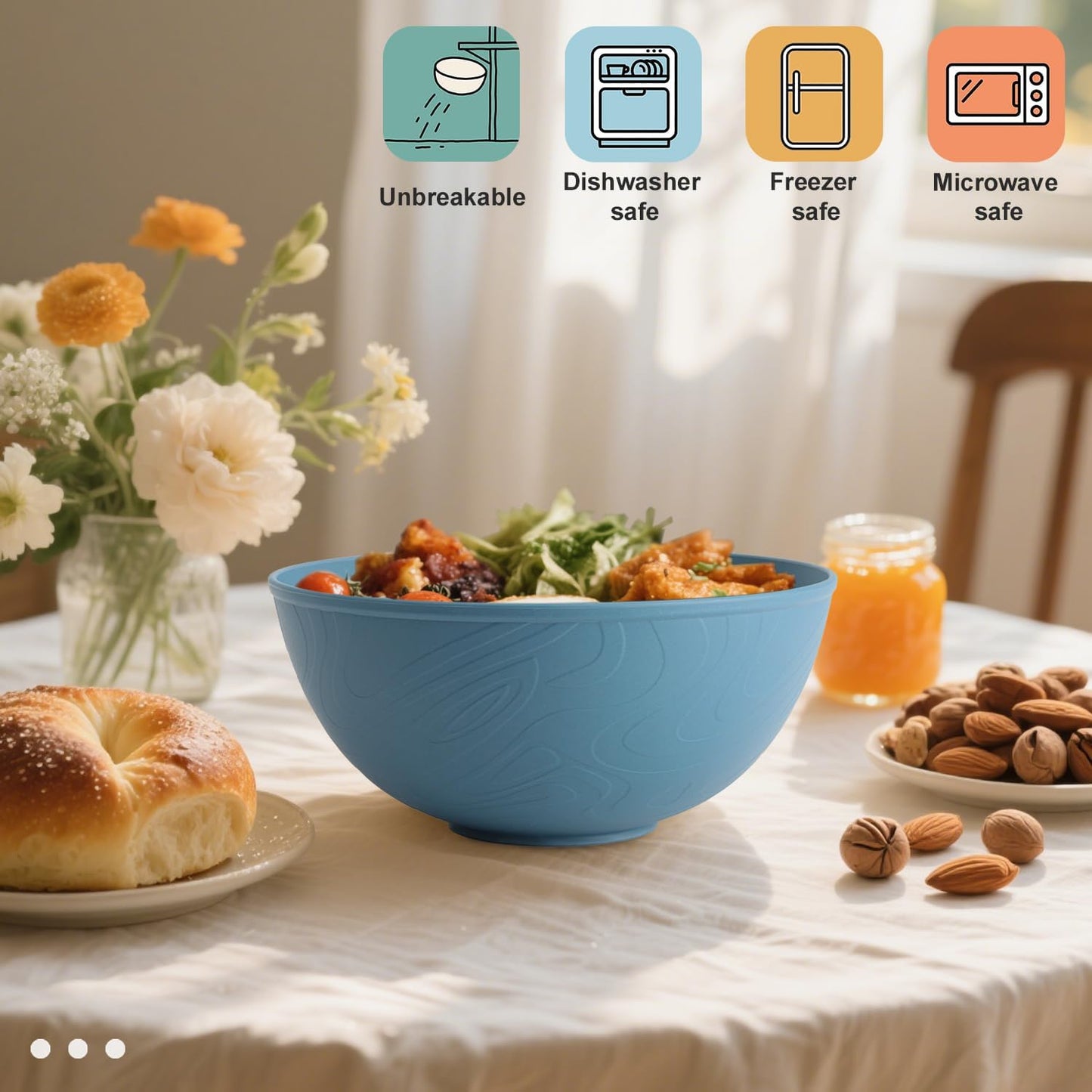 Wheat Straw Salad Bowls for Kitchen set of 6,Anit-Scald Thick Soup Bowls 40oz,Microwave and Dishwasher Safe Bowl set easy to clean. Blue