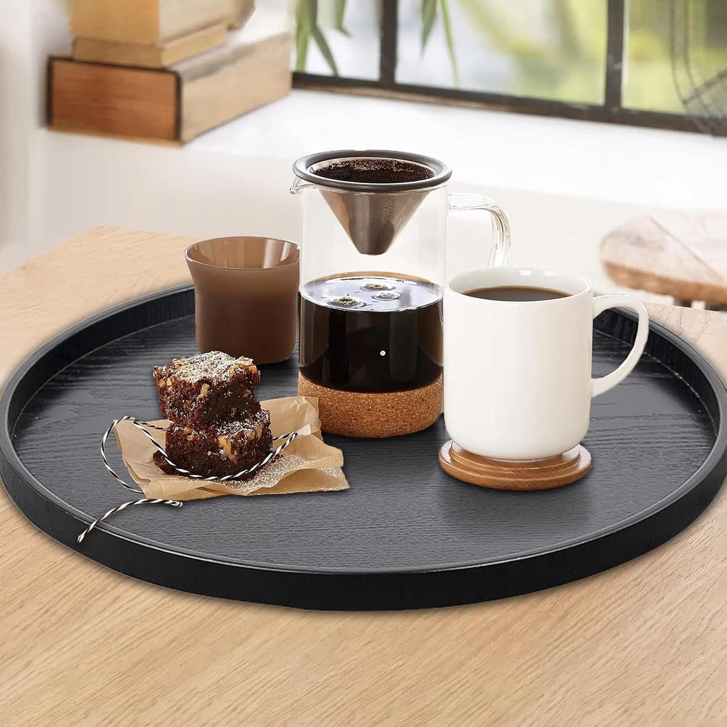 Round Solid Wood Serving Tray Extra Large Tea Coffee Snack Food Meals Serving Plate Non-Slip Kitchen Party Bar Server Ottoman Tray Breakfast Tray with Raised Edges (13inch/33cm) Black