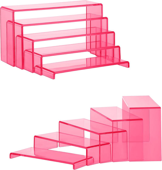 Goabroa Acrylic Display Risers, 2 Sets 10 Pcs Perfume Stand Organizer, Rectangular Riser Shelves for Figures, Cupcake, perfume display, Wine Glass and Handbag display，Transparent Pink