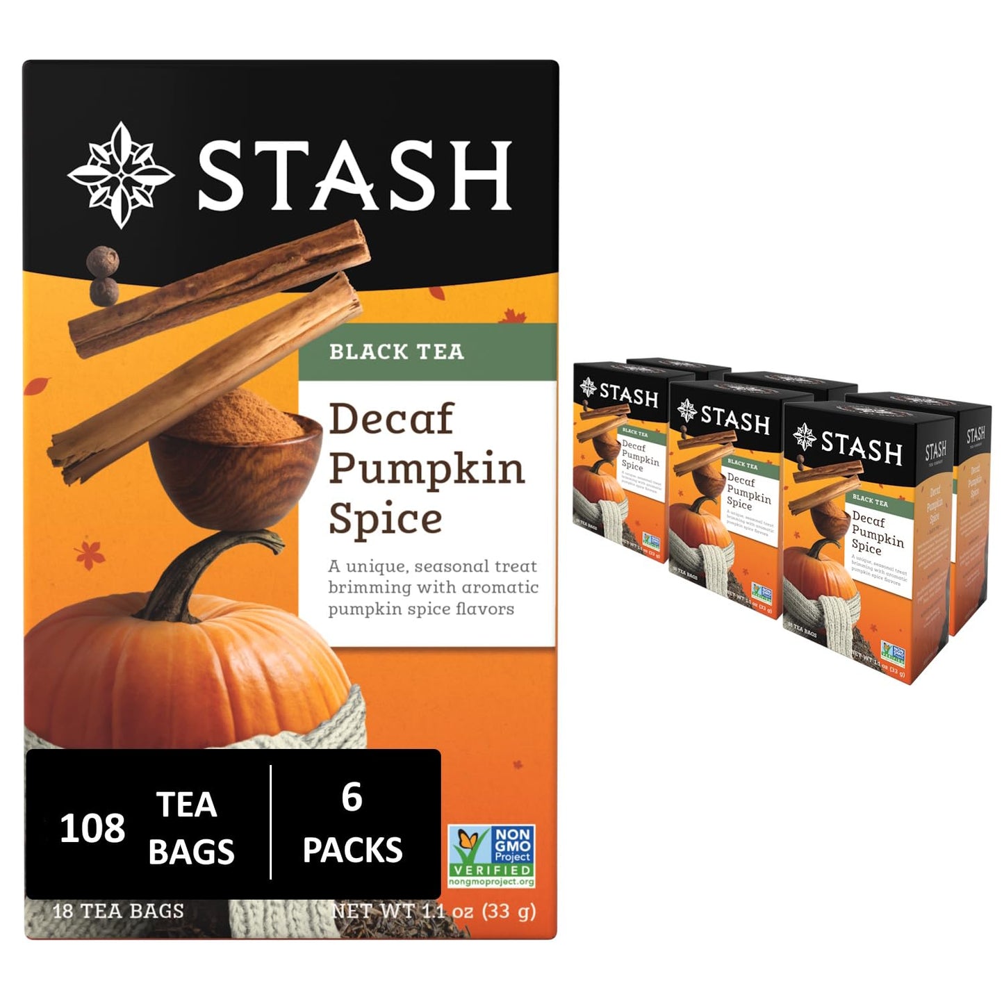 Stash Tea Decaf Pumpkin Spice Black Tea - Decaf, Non-GMO Project Verified Premium Tea with No Artificial Ingredients, 18 Count (Pack of 6) - 108 Bags Total